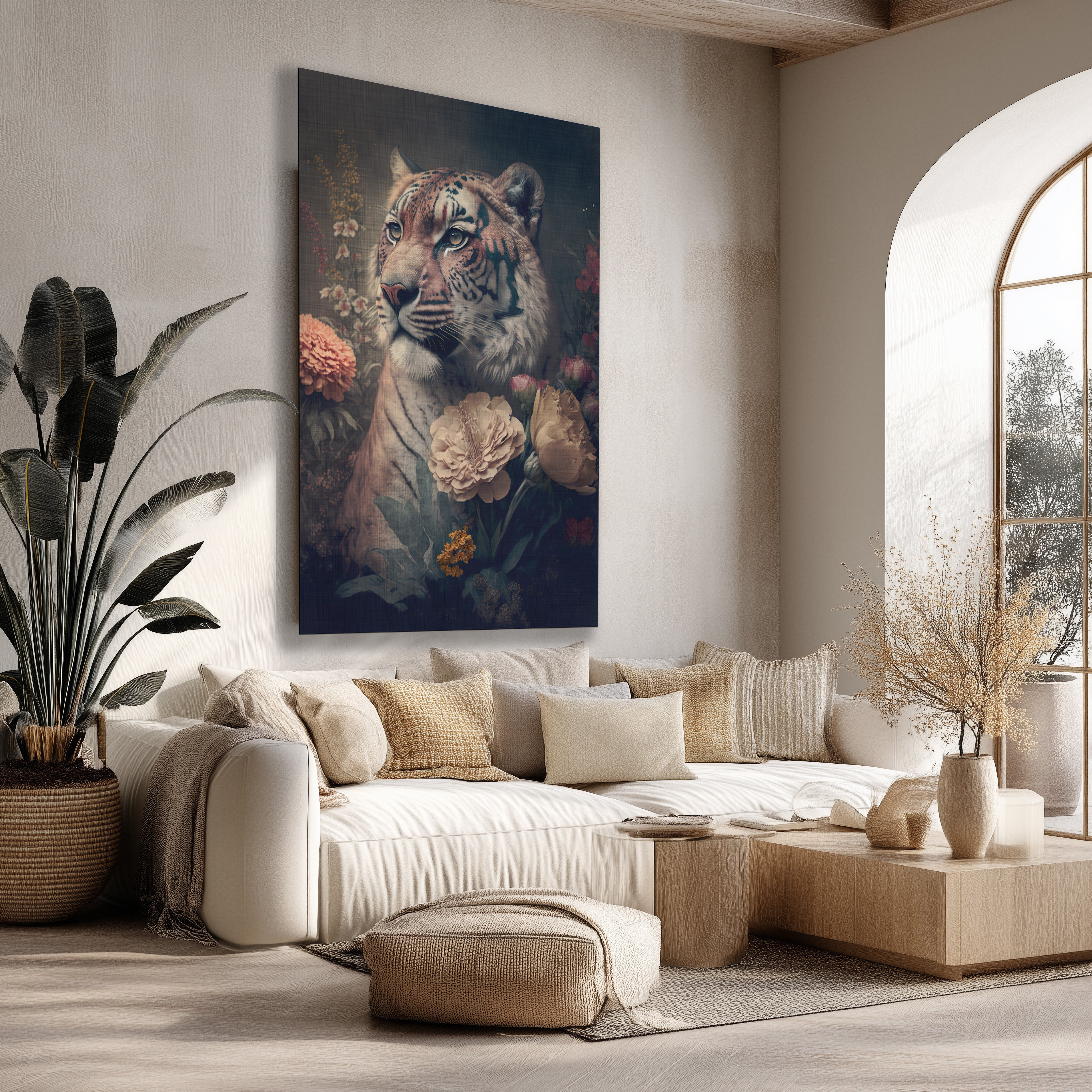 Staande poster met krachtige tijgerillustratie en botanische details in een modern, licht interieur.