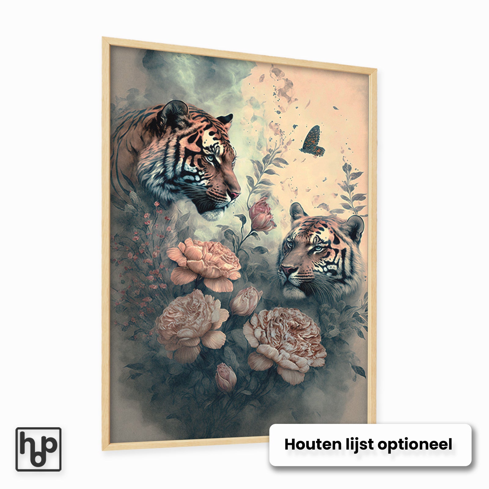 Vintage tijger poster met twee tijgers, roze bloemen en vlinder in botanische setting, optioneel houten lijst.