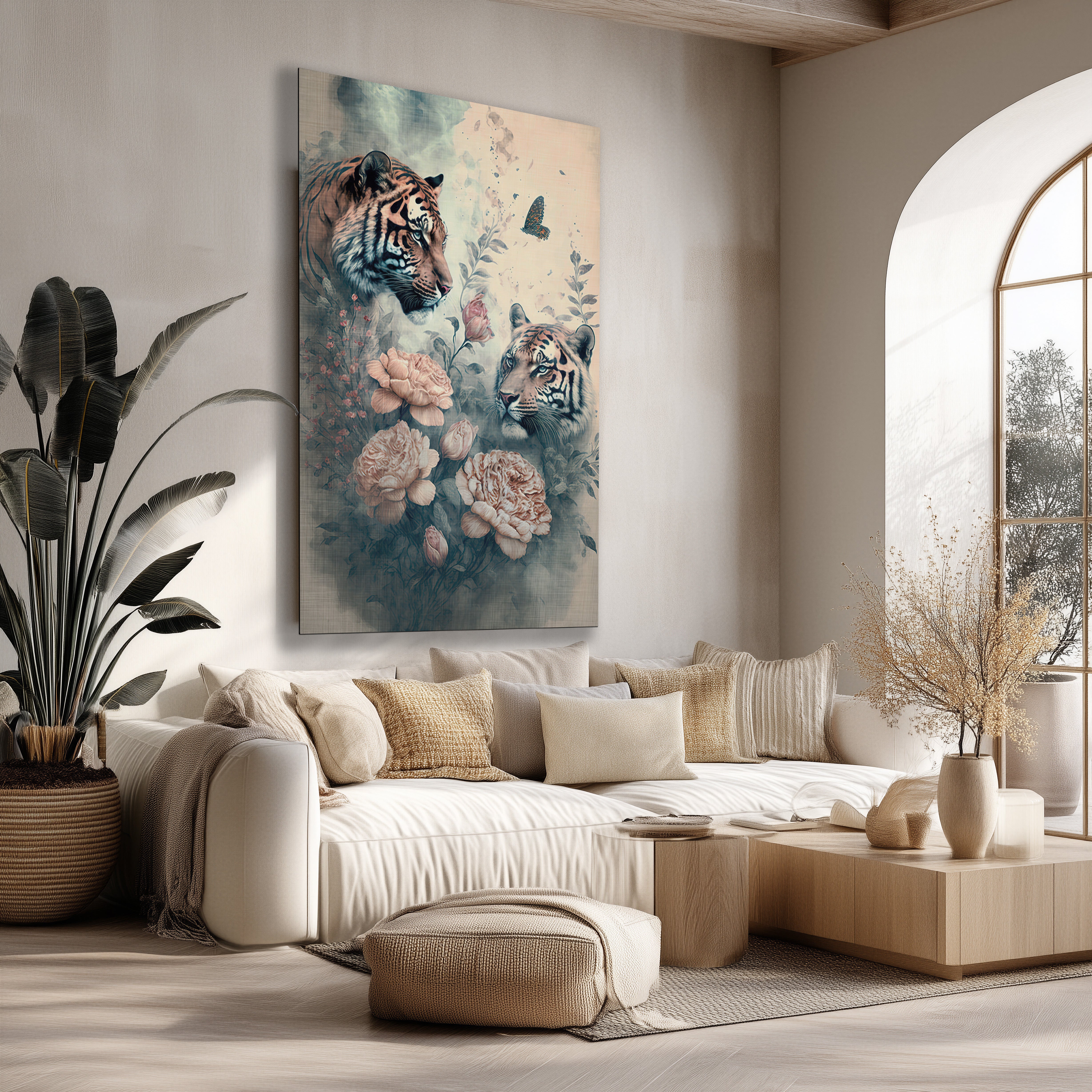 Vintage tijger poster met botanische bloemen en vlinder in een modern interieur.