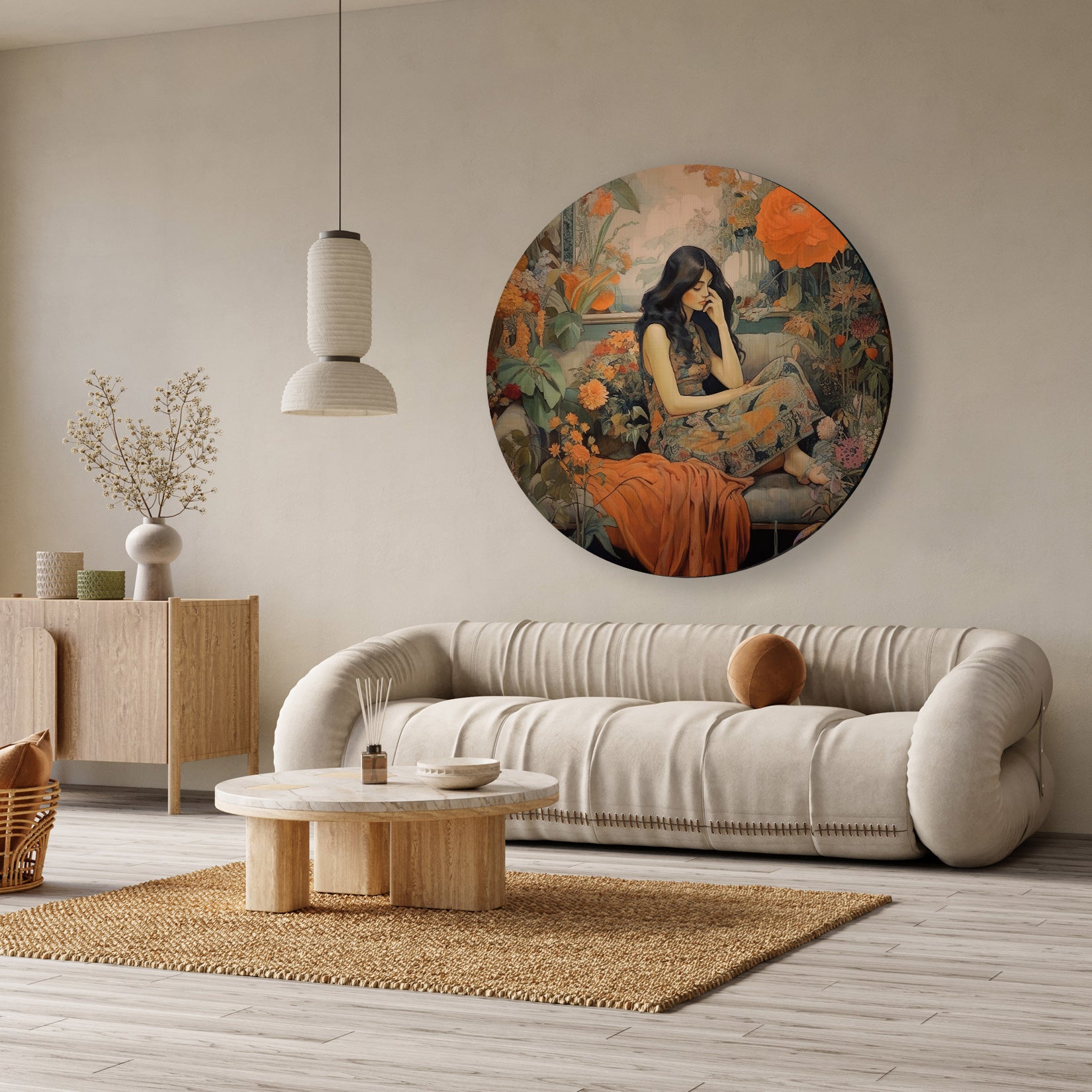 Ronde aluminium dibond muurcirkel met vrouwelijk portret, oranje en groene bloemen, in een modern interieur.