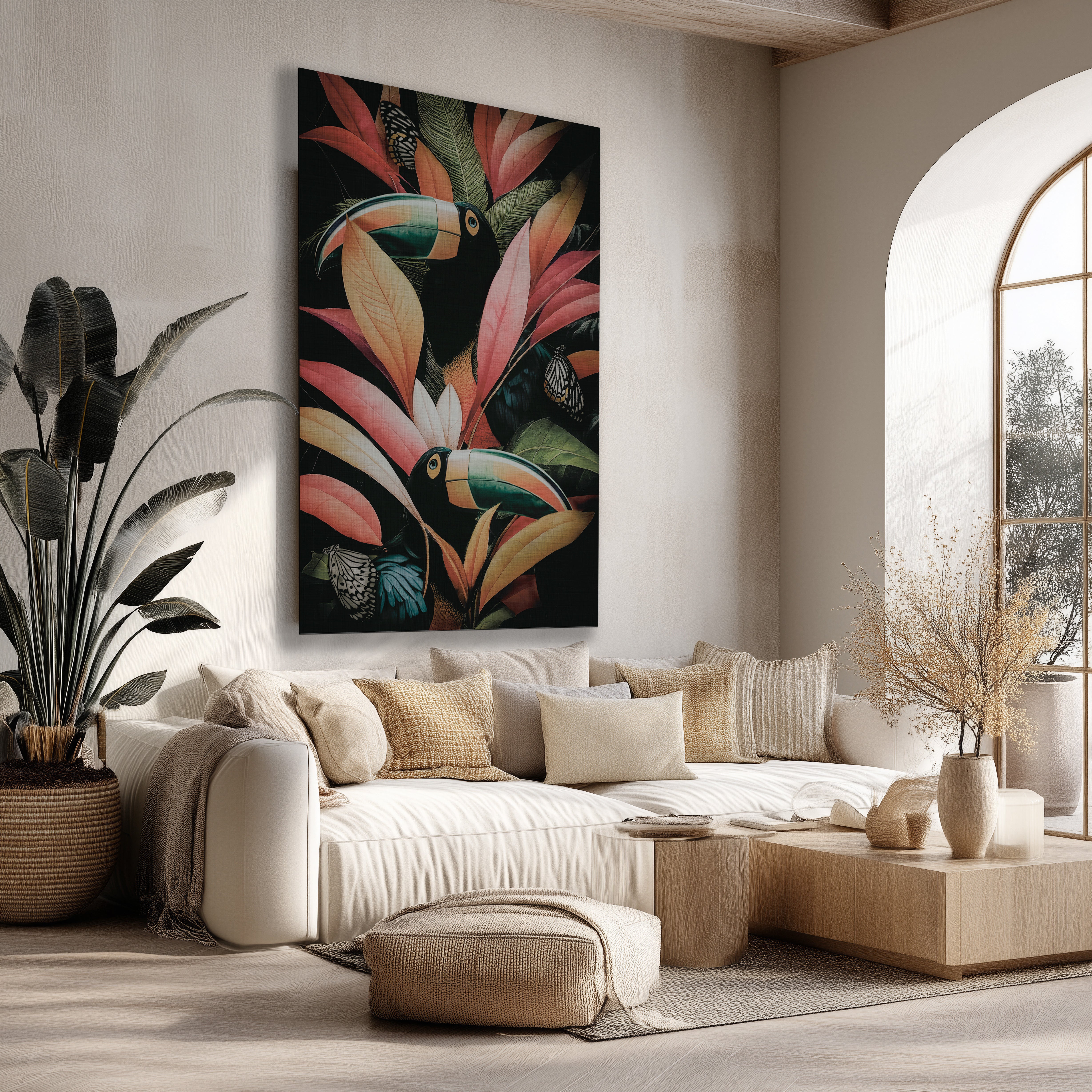 Staande Jungle Toekans poster met levendige toekans en roze-groene bladeren in een modern interieur.