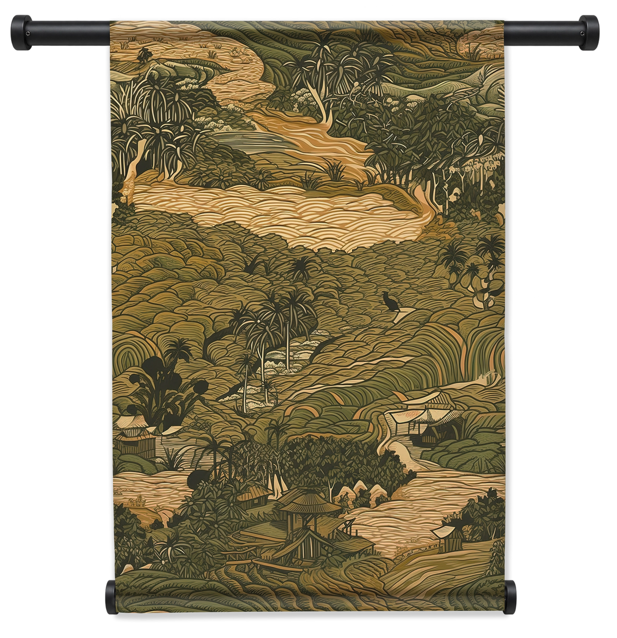 Wandkleed Aziatisch landschap 2: Aziatisch landschap met terrassen, palmbomen en slingerende rivier.