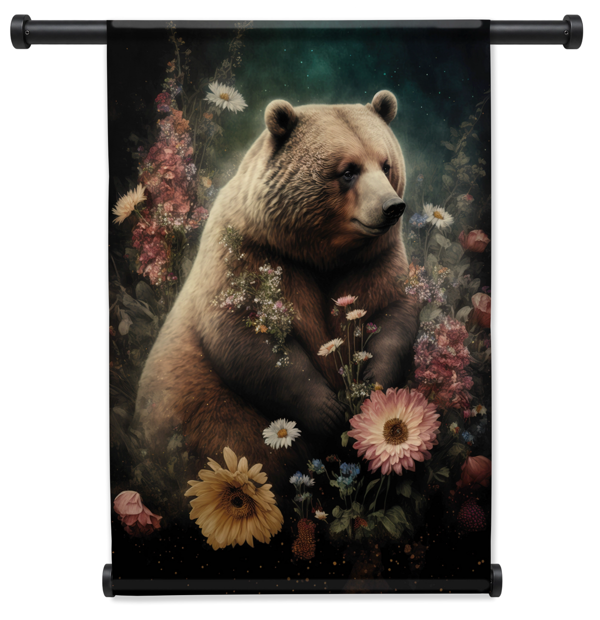 Wandkleed Bear: bruine beer tussen roze en gele bloemen.