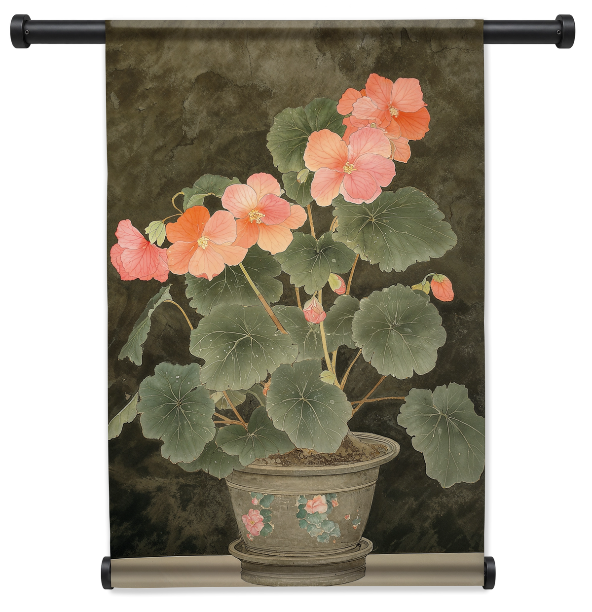 Wandkleed Begonia: begonia met roze bloemen in een sierpot.