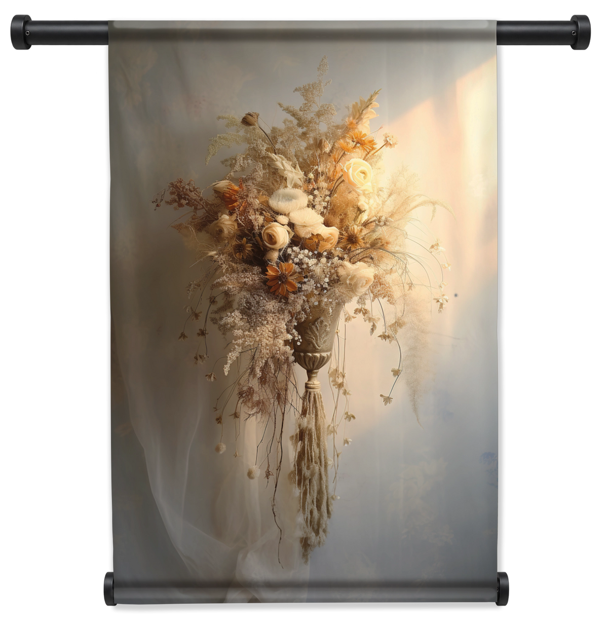 Wandkleed Bloemen 10: licht boeket met droogbloemen tegen een beige achtergrond.