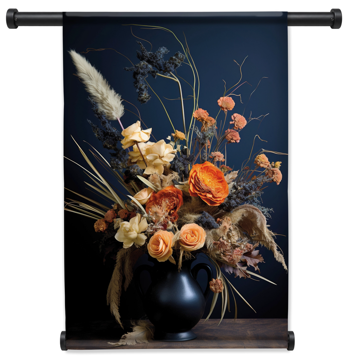 Wandkleed Bloemen 12: kleurrijk boeket met pluimen in een donkere vaas.
