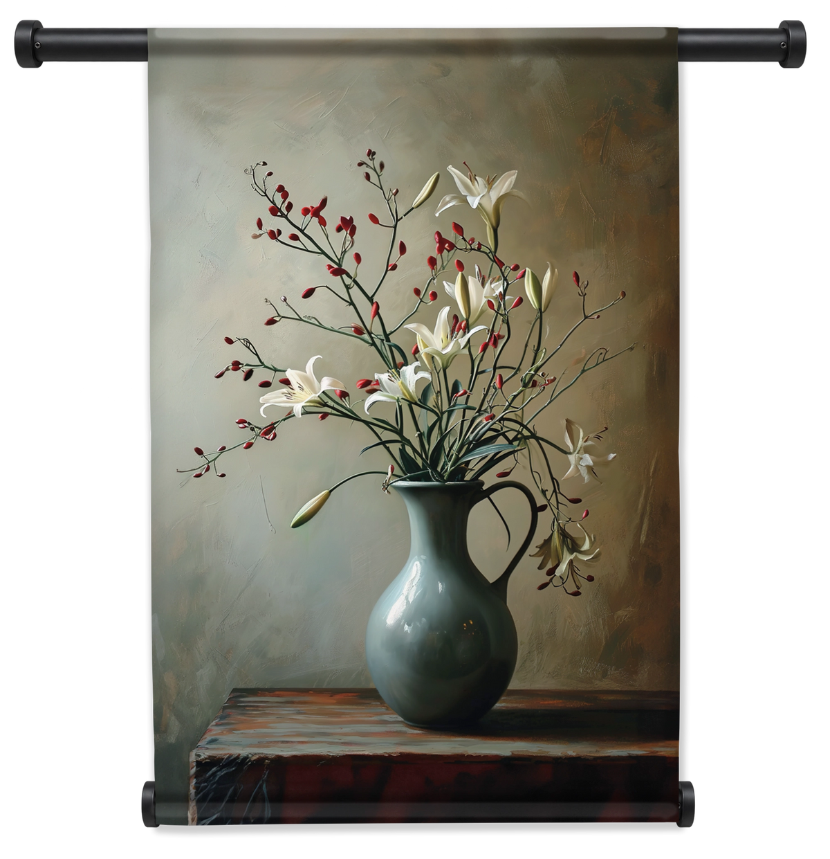 Wandkleed Bloemen 13: fijne bloesemtakken in een donkere vaas op een houten tafel.