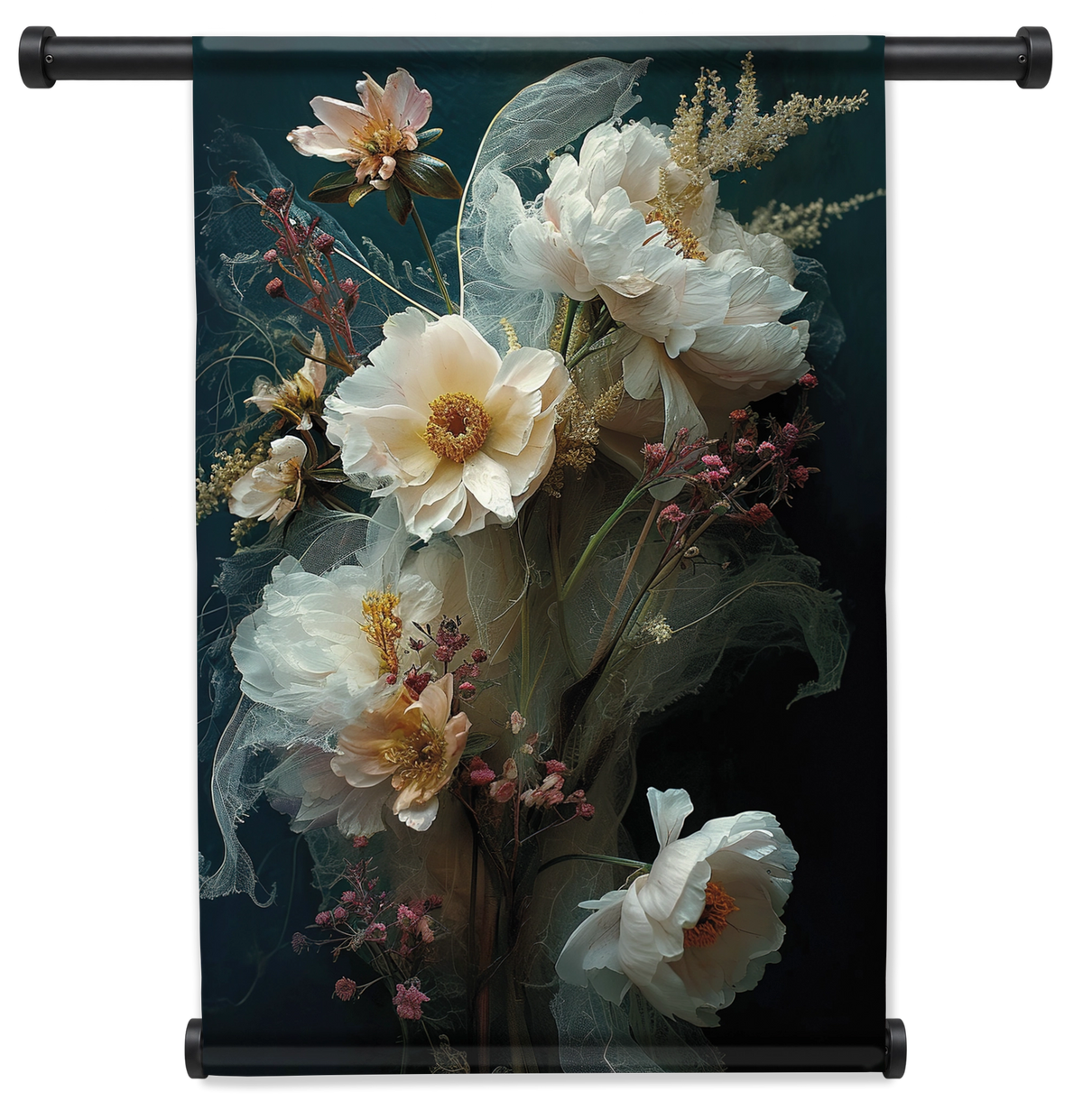 Wandkleed Bloemen 14: grote witte bloemen tegen een donkergroene achtergrond.