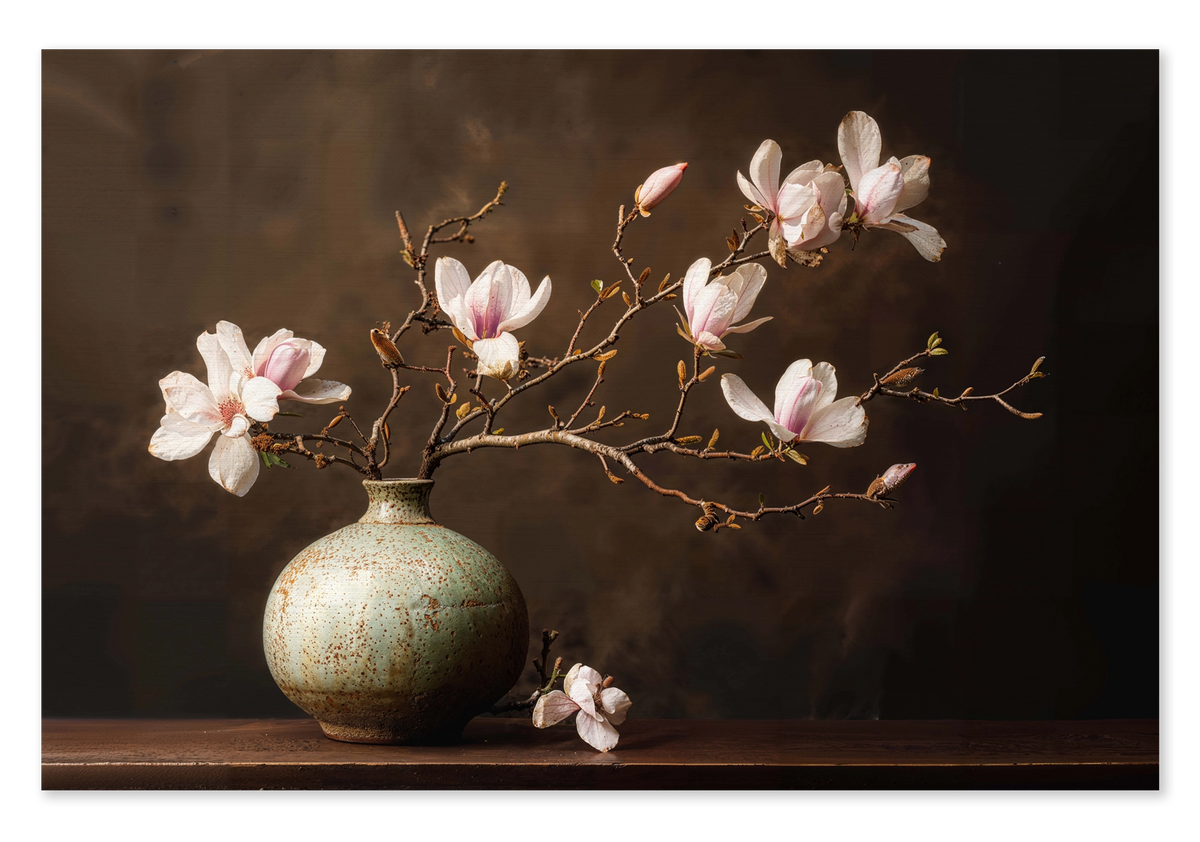 Canvas Bloemen 18: zachtroze magnoliabloesems in een ronde groene vaas tegen een donkerbruine achtergrond.
