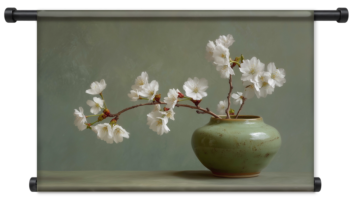 Wandkleed Bloemen 20: witte bloesemtak in een groene vaas.