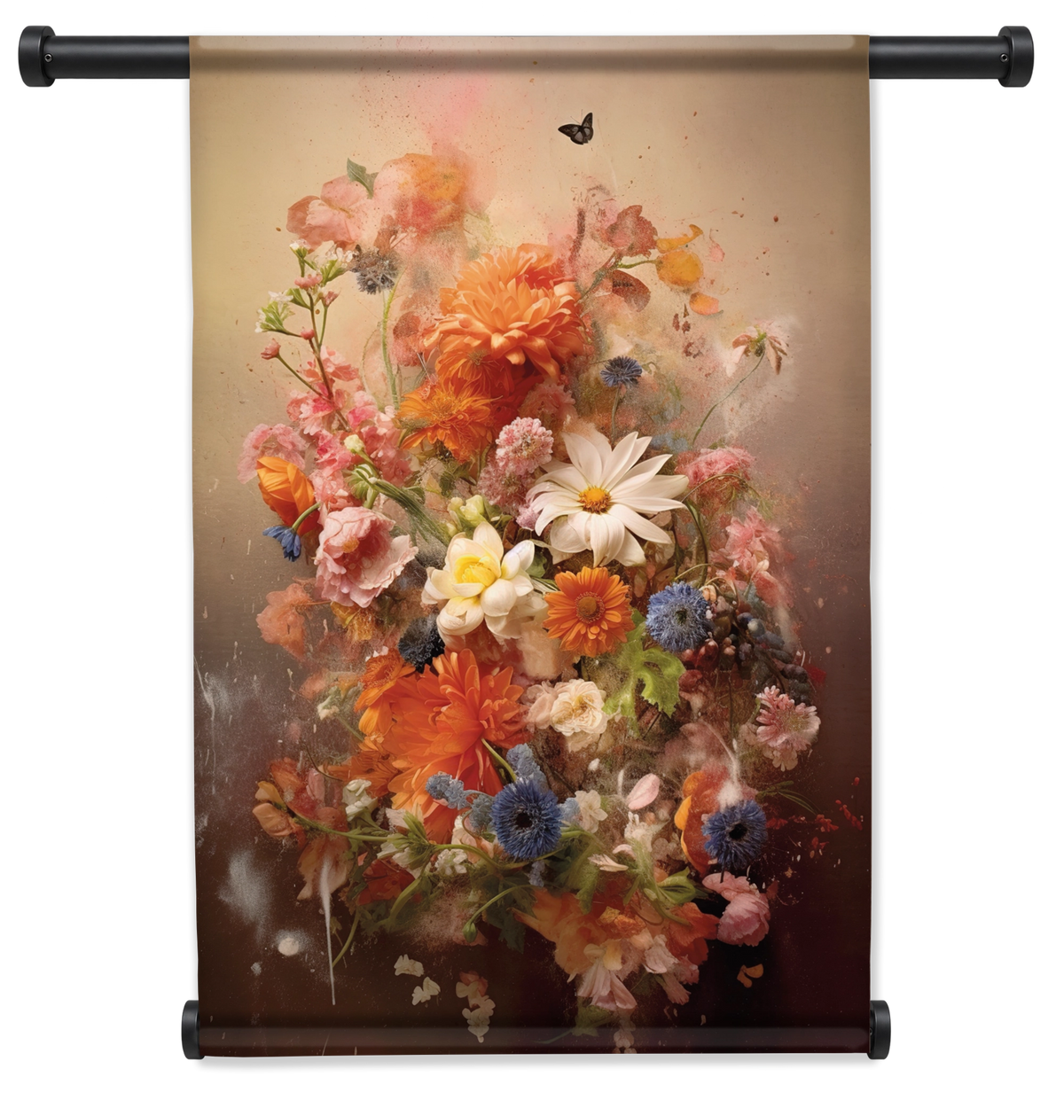 Wandkleed Bloemen explosie 2: kleurrijk bloemenboeket in warme roze en oranje tinten.