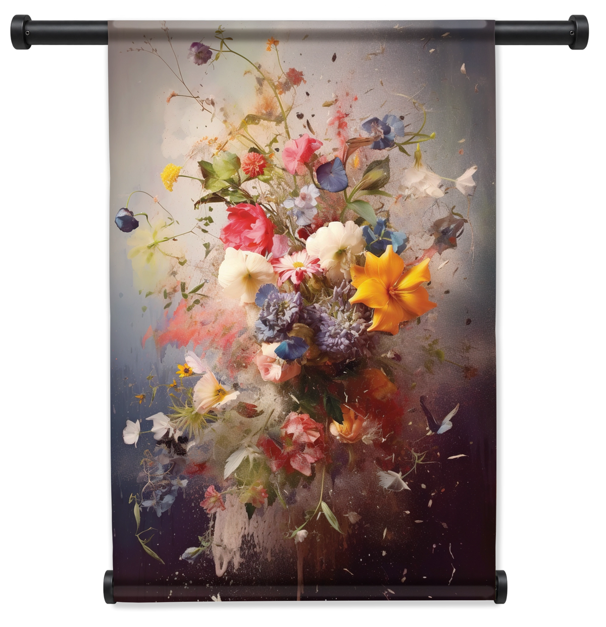 Wandkleed Bloemen explosie: uitbundig boeket met kleurrijke bloemen en verfspatten.