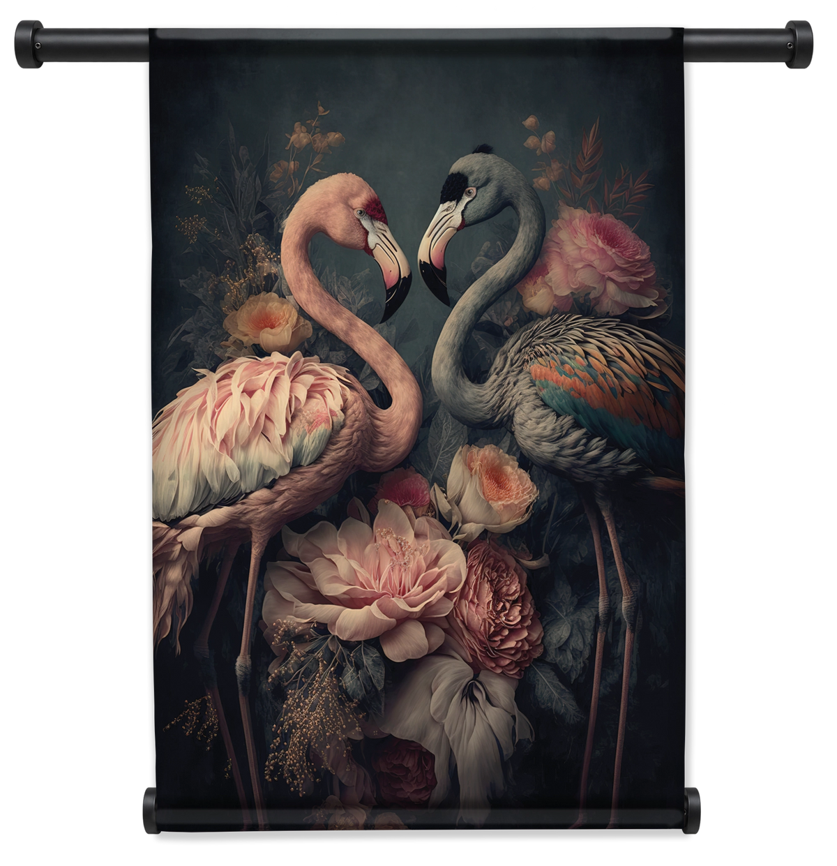 Wandkleed Bloemen Flamingo's: twee flamingo’s tussen roze bloemen tegen een donkere achtergrond.