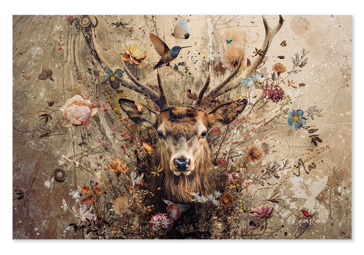 Bloemen hert op canvas: een hert met groot gewei tussen bloemen, vogels en vlinders op een beige achtergrond.