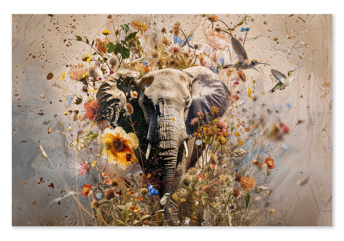 Canvas Bloemen olifant: een olifant tussen kleurrijke bloemen, vogels en vlinders op een lichte beige achtergrond.