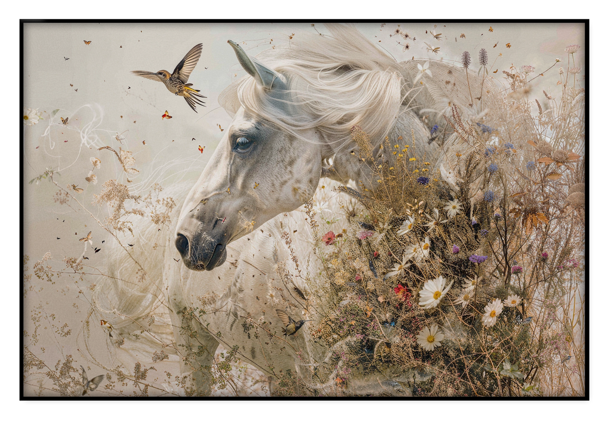 Akoestisch paneel Bloemen paard: wit paard tussen bloemen met een vliegende vogel.