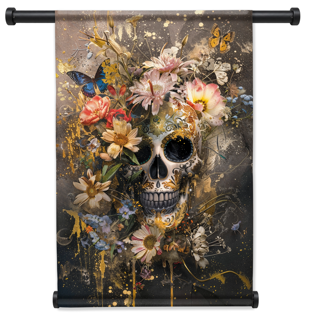 Wandkleed Bloemen schedel: schedel omringd door kleurrijke bloemen en vlinders.