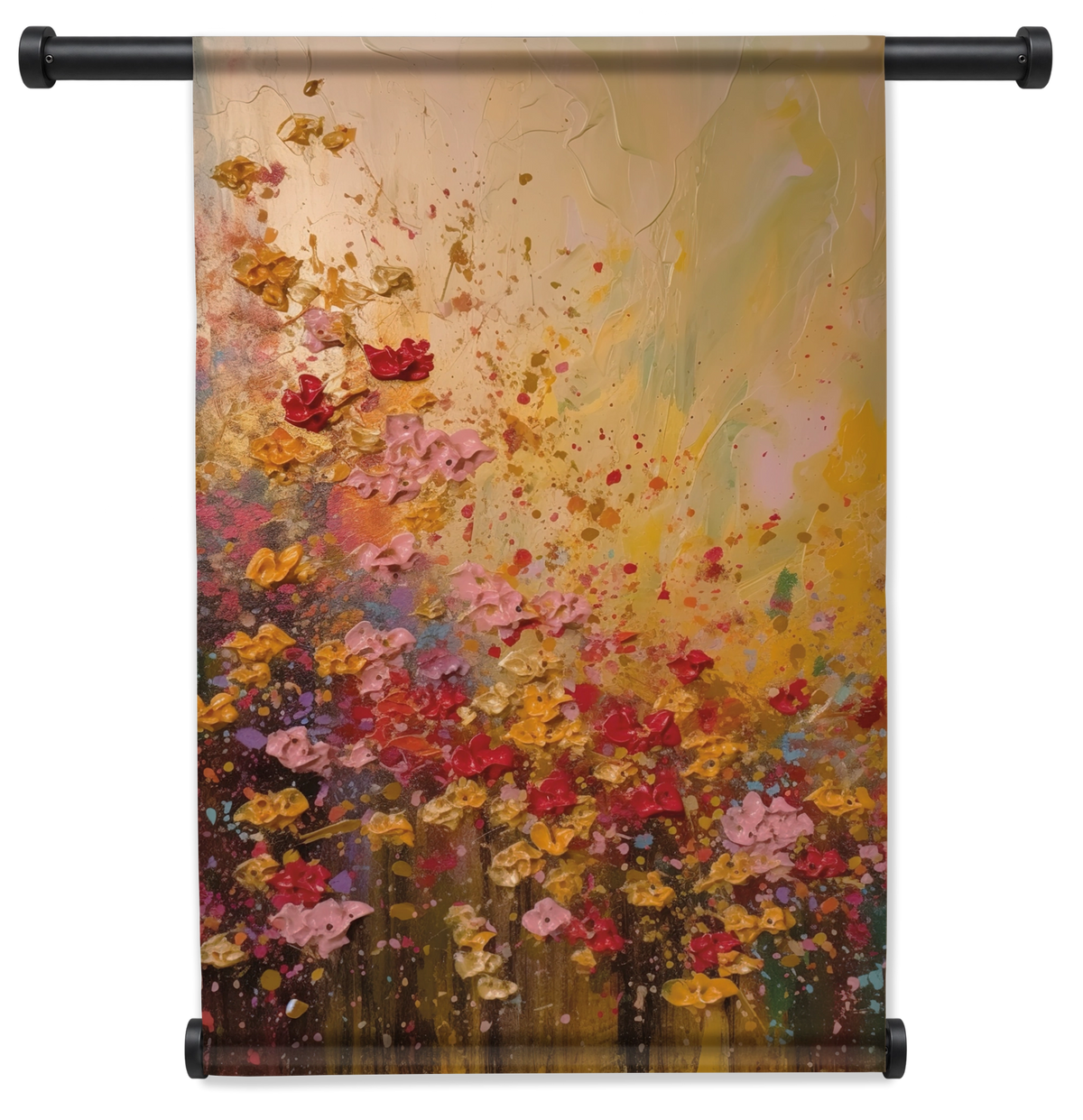 Wandkleed Bloemen spetters: kleurrijke bloemen met losse verfspatten op een warme achtergrond.