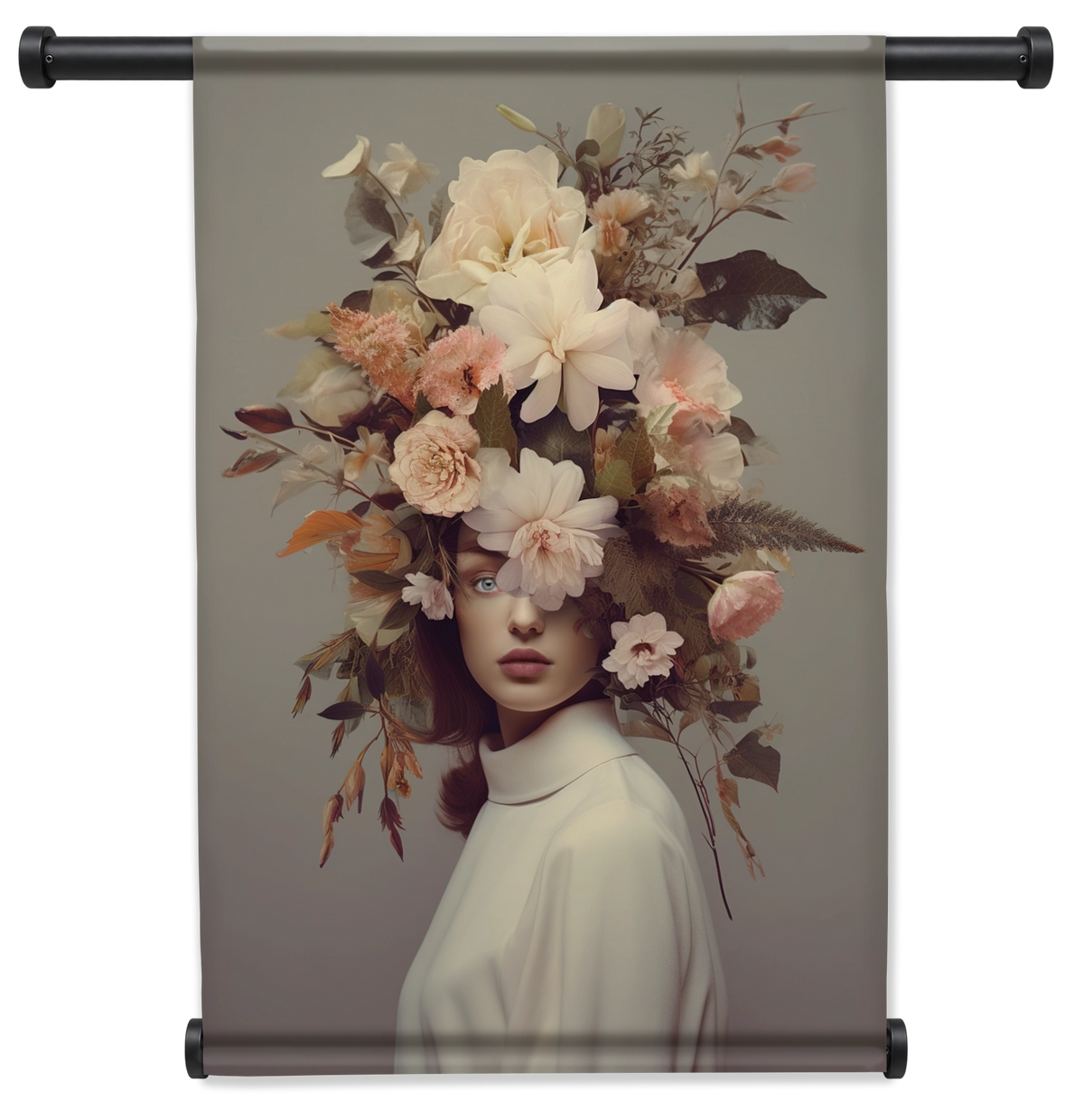 Wandkleed Bloemen Vrouw 5: vrouw met een grote kroon van lichte bloemen en bladeren.