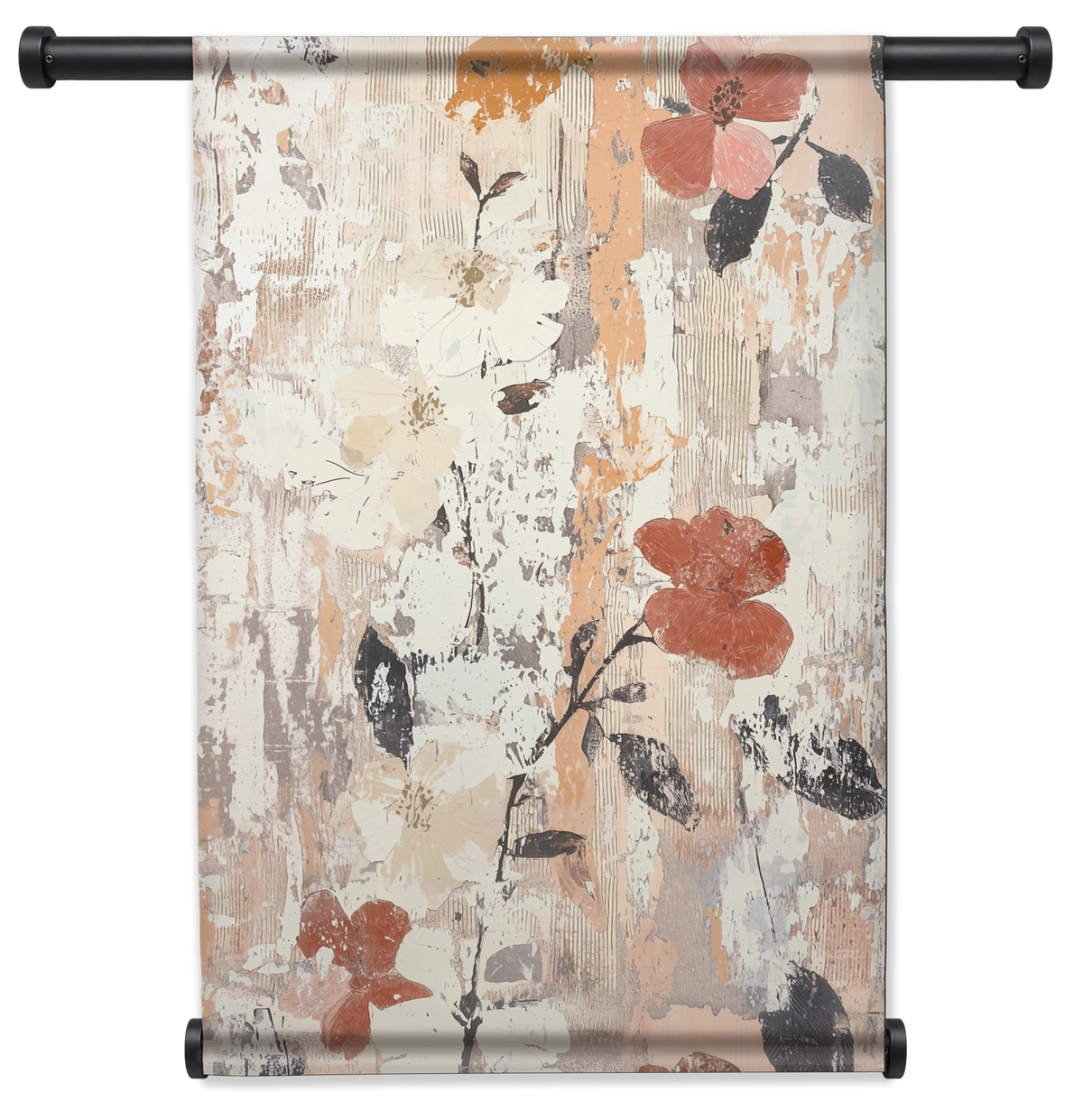 Wandkleed Blomma: abstracte bloemen en bladeren in beige, roestbruin en zwart.