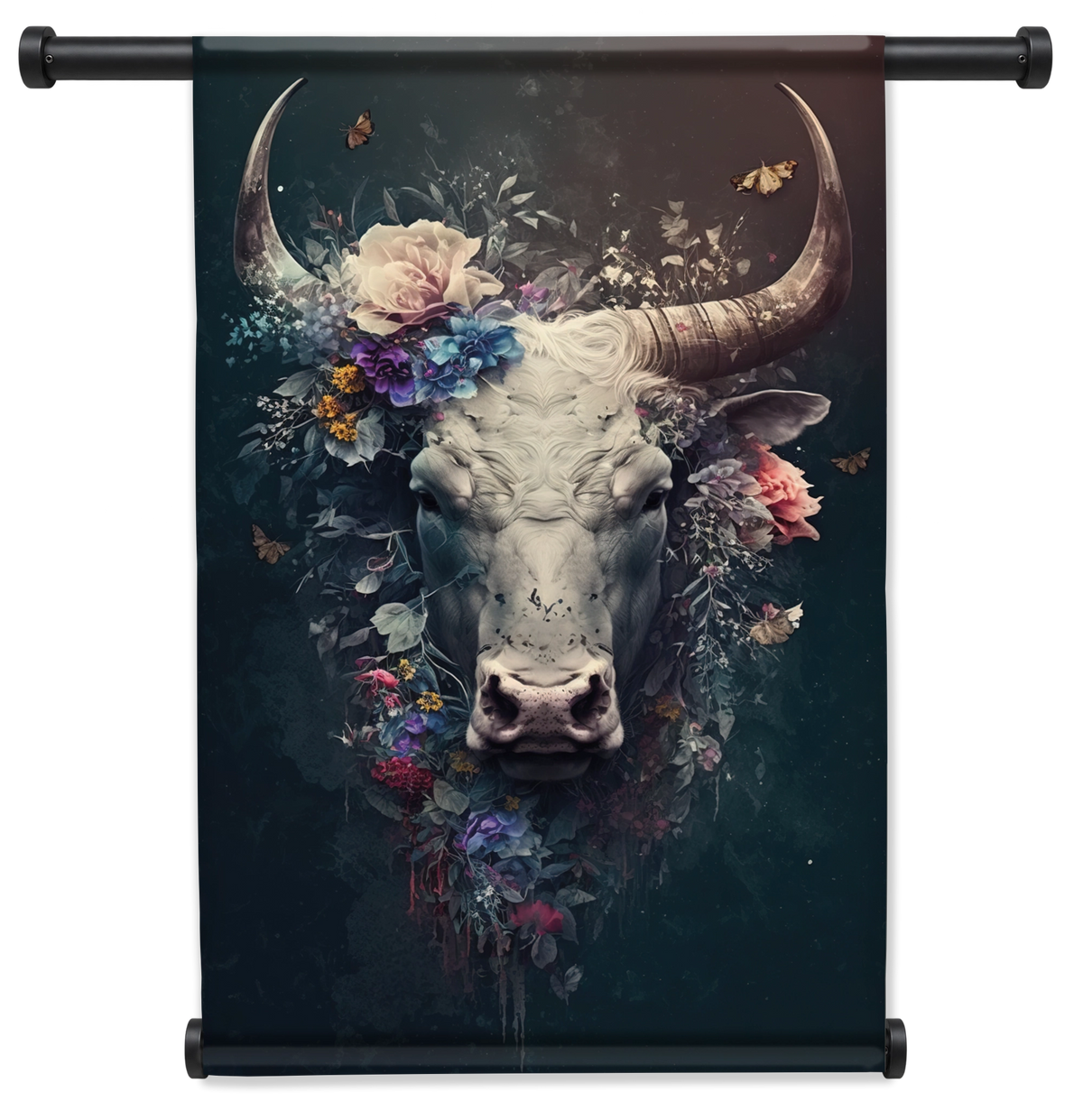 Wandkleed Bull: stierenkop met grote hoorns en kleurrijke bloemen.