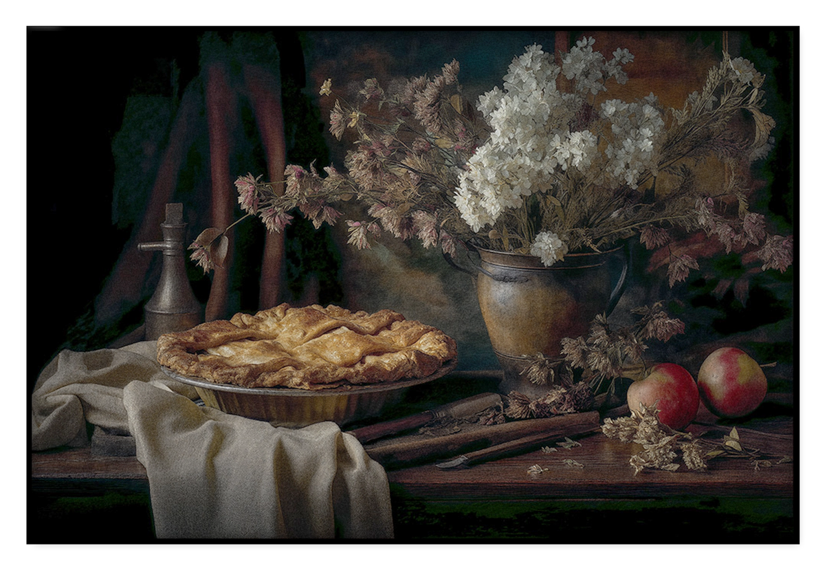 Akoestisch paneel De appeltaart: appeltaart met appels en een vaas bloemen op een houten tafel.
