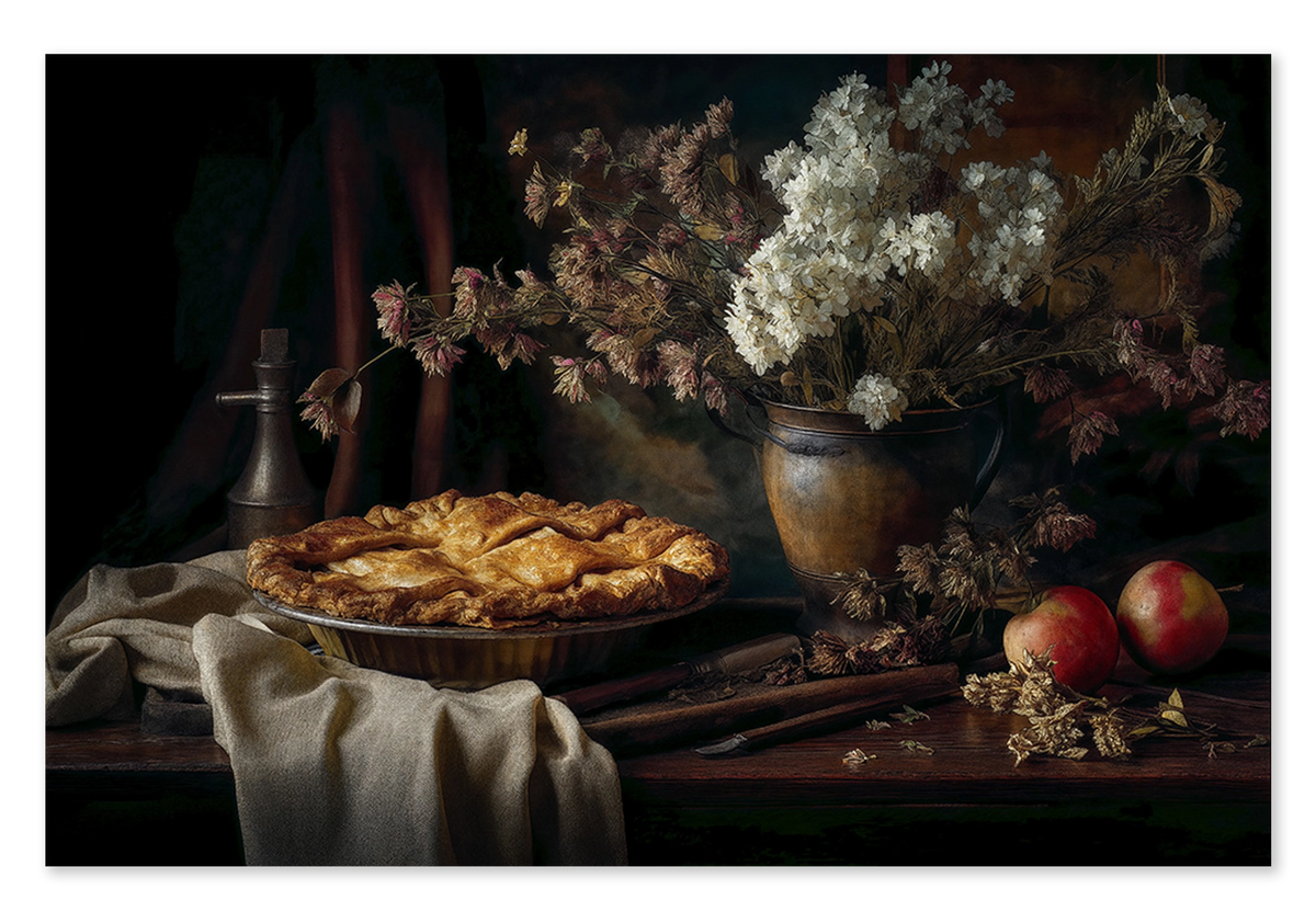 Canvas schilderij De appeltaart: appeltaart met appels en een vaas bloemen op een houten tafel.