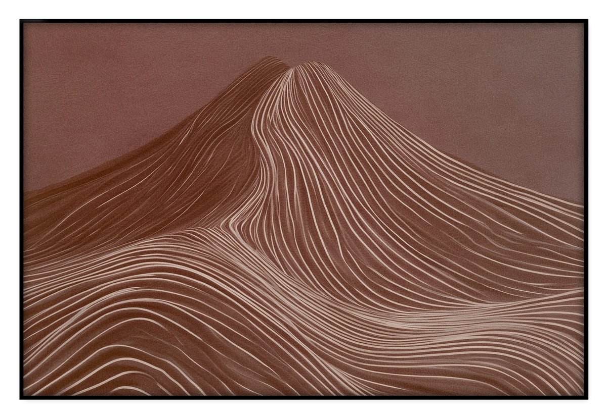 Akoestisch paneel De rode berg: abstracte rode berg met fijne golvende lijnen.