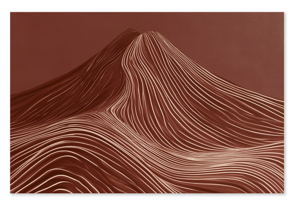 Canvas schilderij De rode berg: abstracte rode berg met fijne golvende lijnen.
