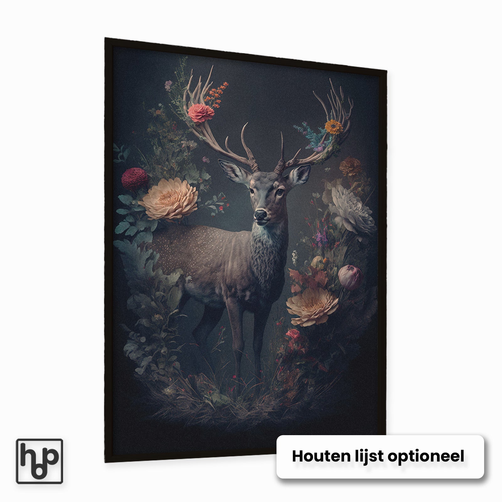Vintage hert poster met botanische bloemen en sierlijk gewei in donkere, staande lijst.