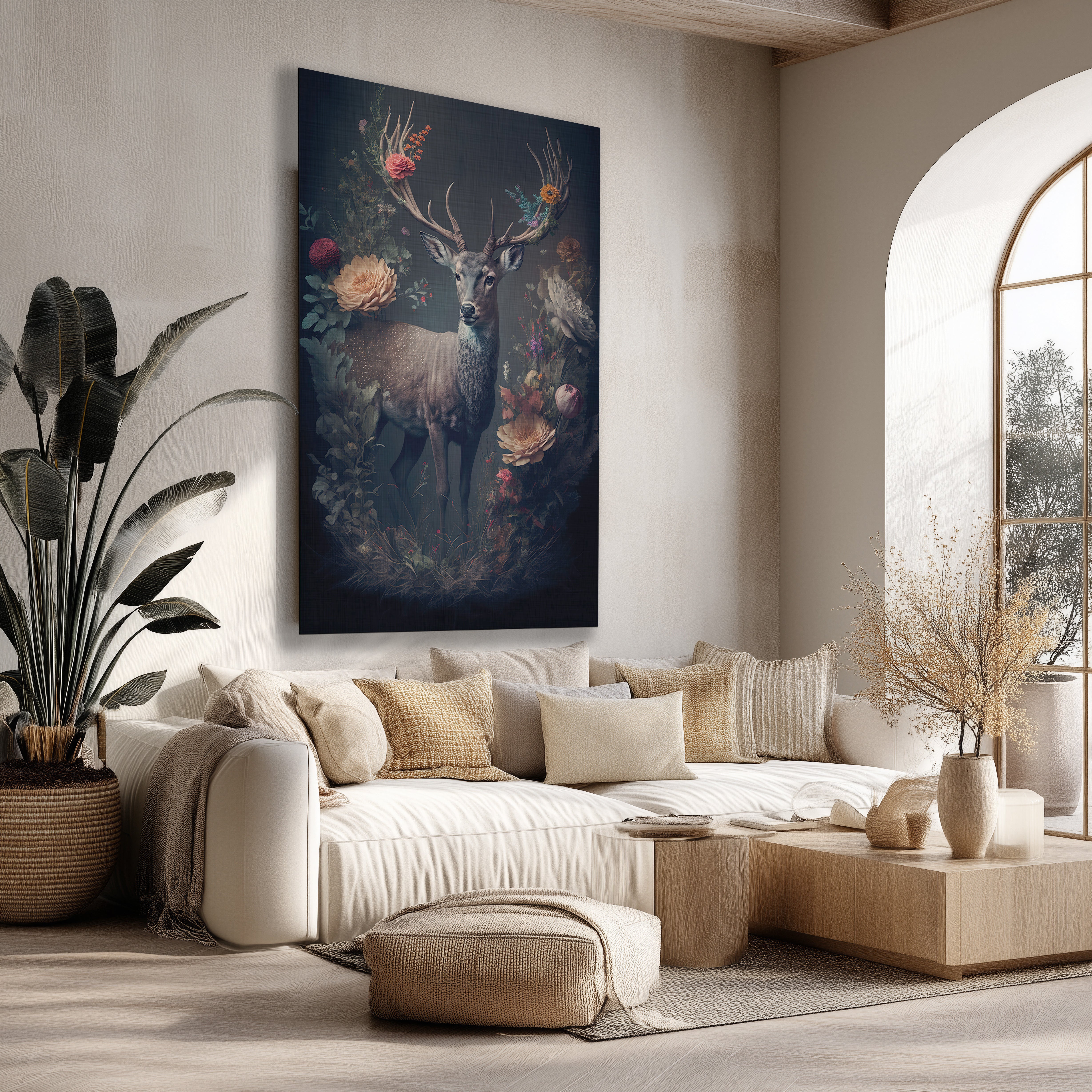 Staande Hert poster met botanische bloemen in vintage stijl, hangend boven een lichte bank in een sfeervolle woonkamer.