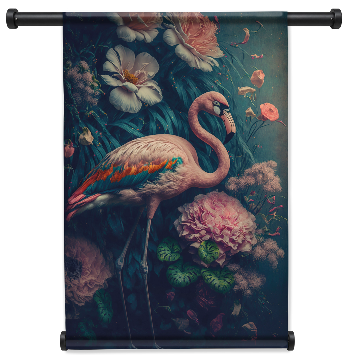 Wandkleed Flamingo 1: roze flamingo tussen kleurrijke bloemen tegen een donkere achtergrond.