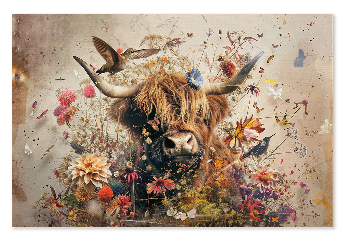 Bloemen Schotse hooglander 2 · Canvas