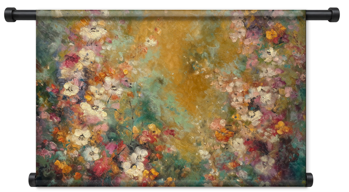Wandkleed Bloemen spetters 5: kleurrijke bloemen rond een abstracte goudgroene achtergrond.