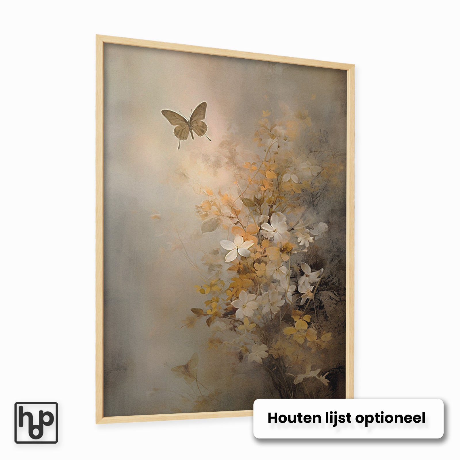 Vintage bloemenposter met witte en gele bloesem, een vlinder en optionele houten lijst.