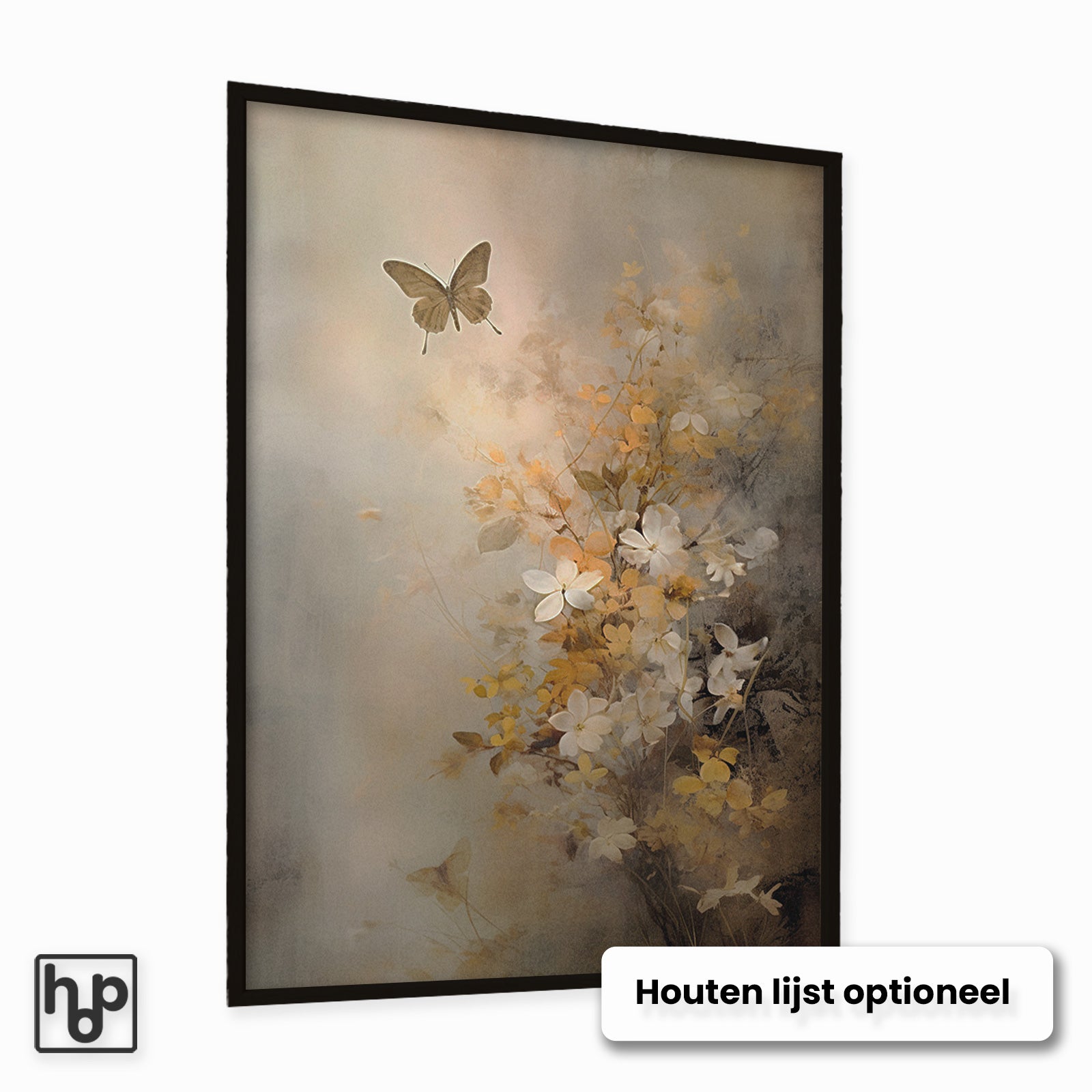 Vintage poster "Bloemen 7" met zachte bloemen, gele bladeren en een vlinder in een zwarte lijst.