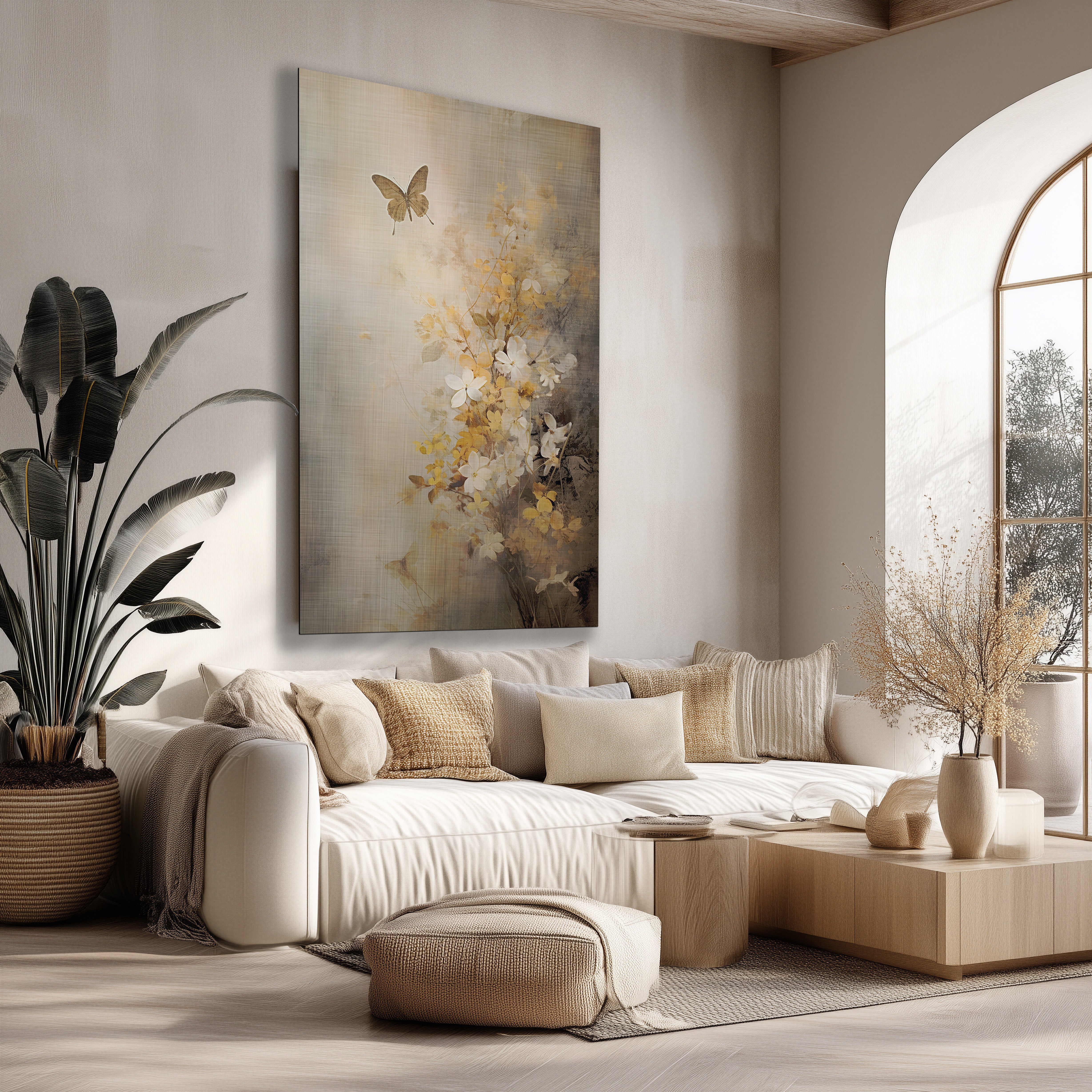 Bloemen 7 poster met gele bloemen en vlinder boven een beige bank in een serene woonkamer.