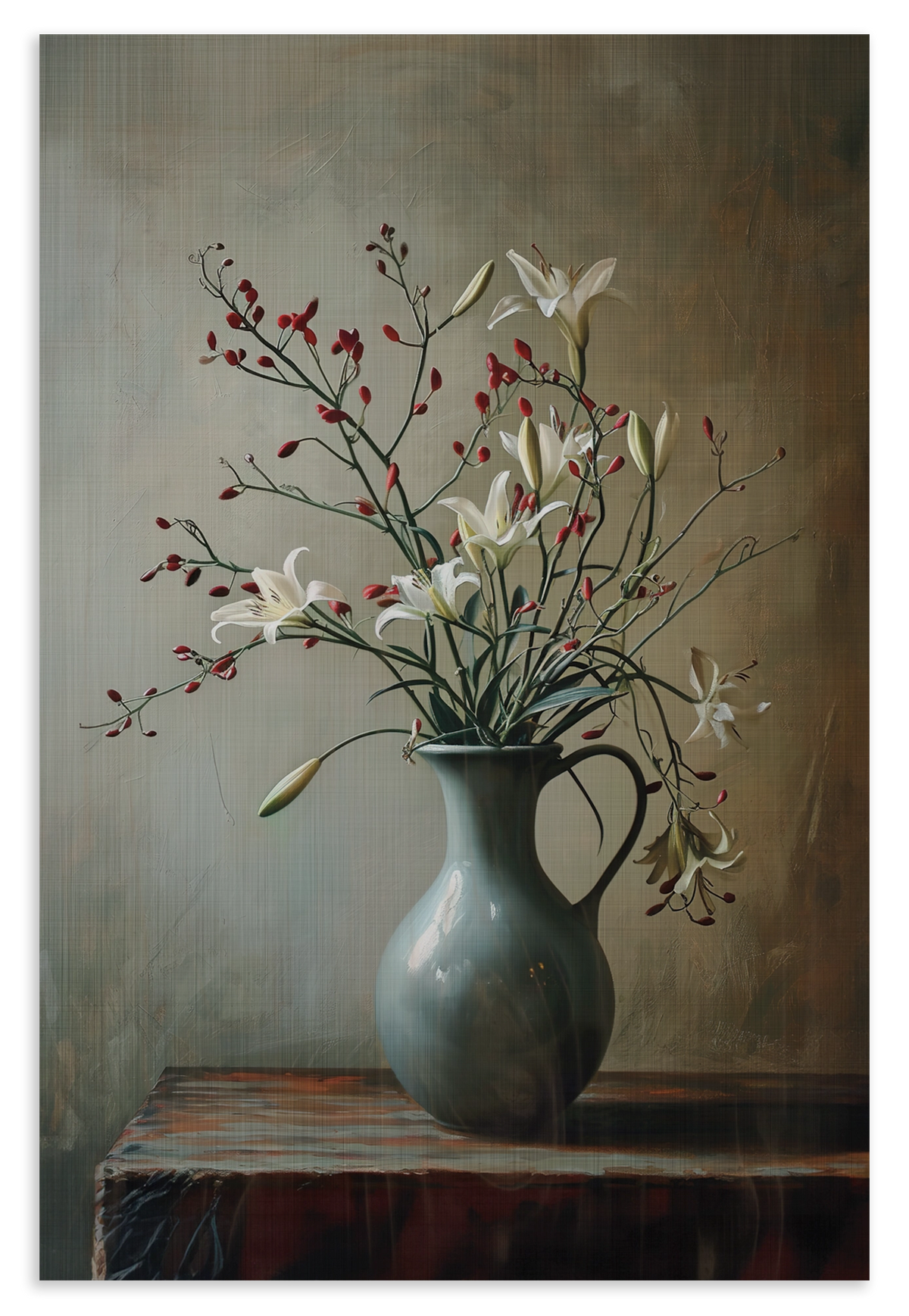 Houten wanddecoratie Bloemen 13: fijne bloesemtakken in een donkere vaas op een houten tafel.