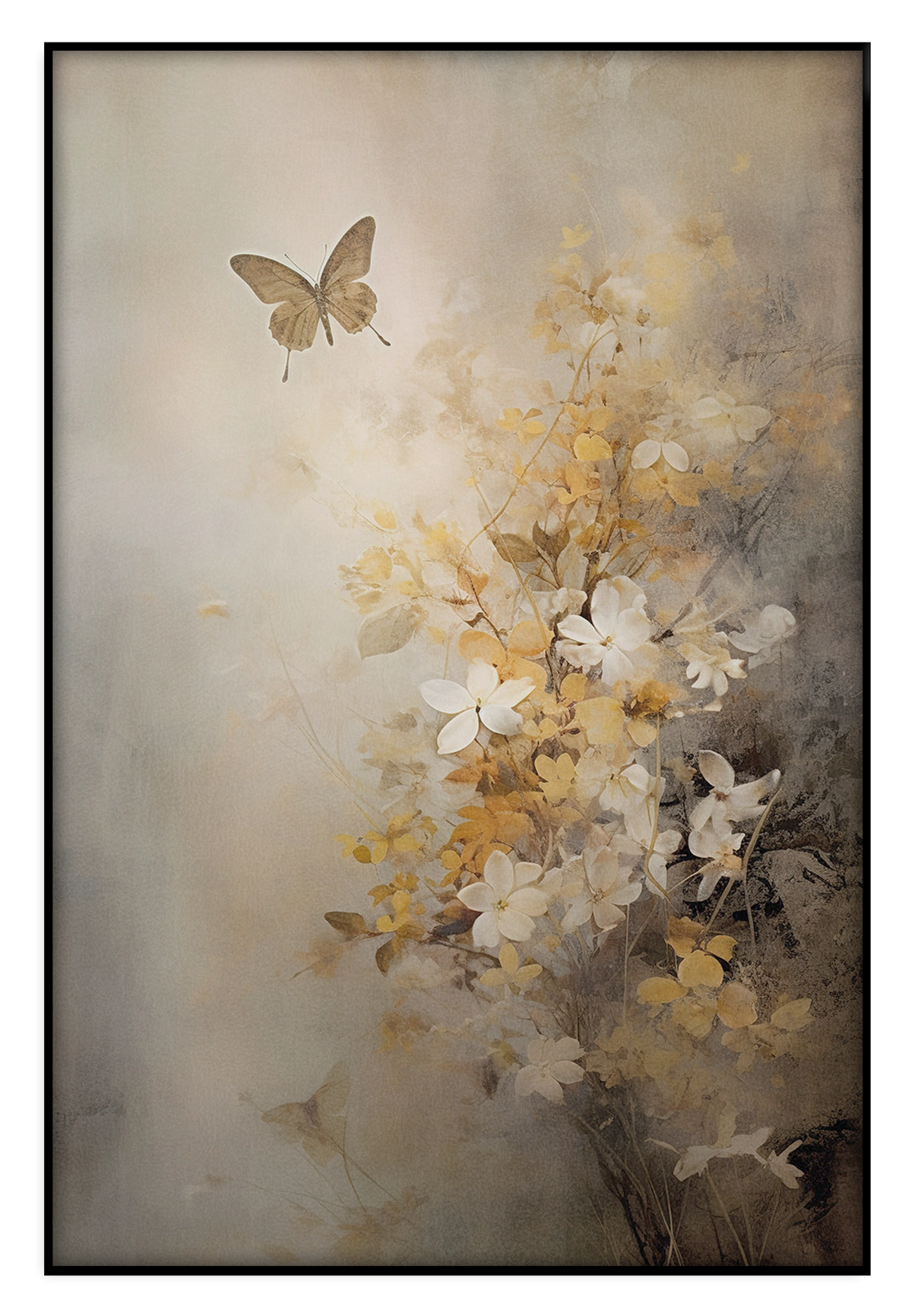 Akoestisch paneel Bloemen 7: lichte bloemen en een vlinder in zachte beige en gele tinten.