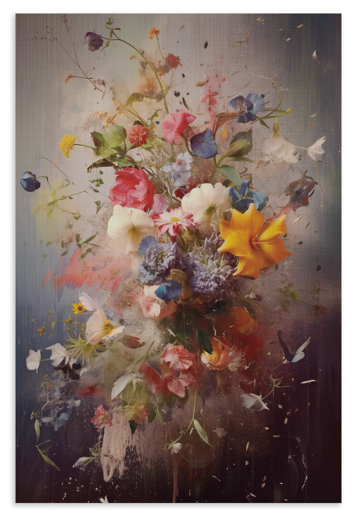 Houten wanddecoratie Bloemen explosie: uitbundig boeket met kleurrijke bloemen en verfspatten.