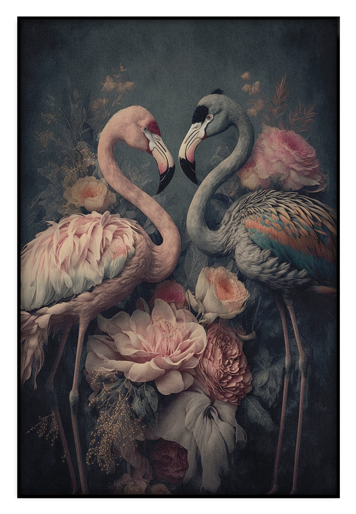 Akoestisch paneel Bloemen Flamingo's: twee flamingo’s tussen roze bloemen tegen een donkere achtergrond.