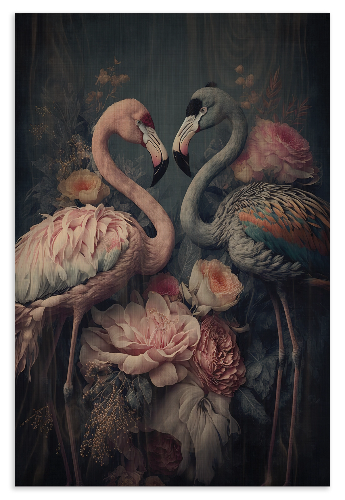 Houten wanddecoratie Bloemen Flamingo's: twee flamingo’s tussen roze bloemen tegen een donkere achtergrond.