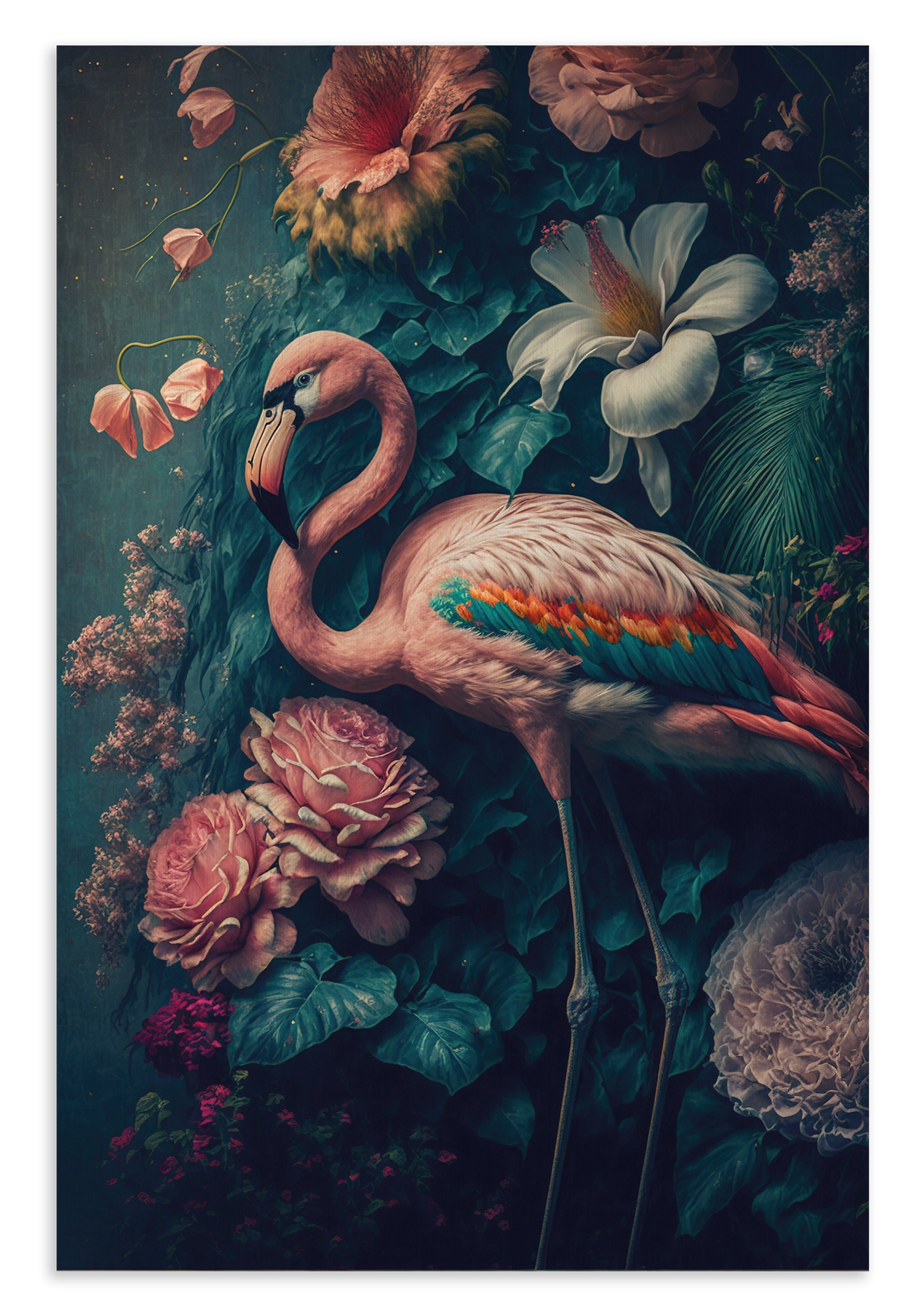 Canvas schilderij Flamingo 2: roze flamingo met gekromde hals tussen bloemen en vlinders.