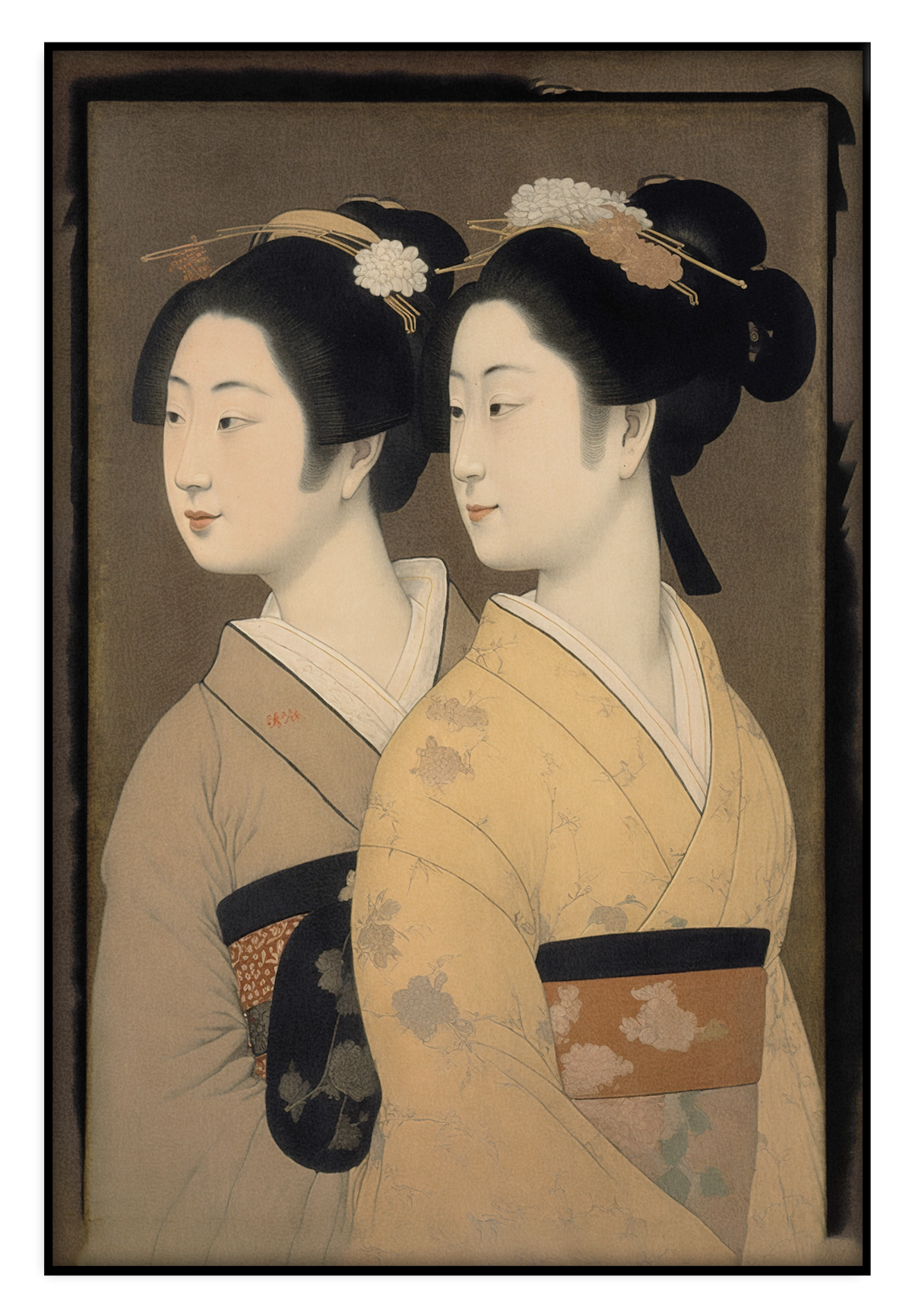 Akoestisch paneel Geisha's: twee vrouwen in kimono in Japanse prentstijl.