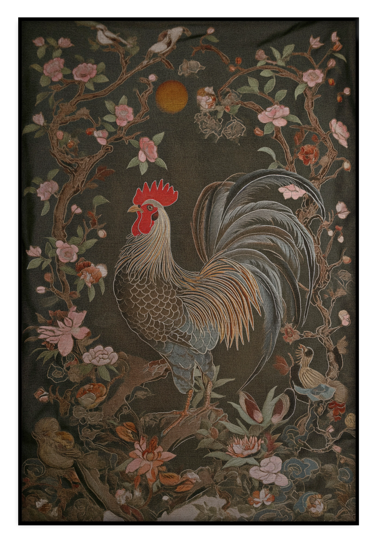 Akoestisch paneel Rooster: haan tussen roze bloemen en groene bladeren.
