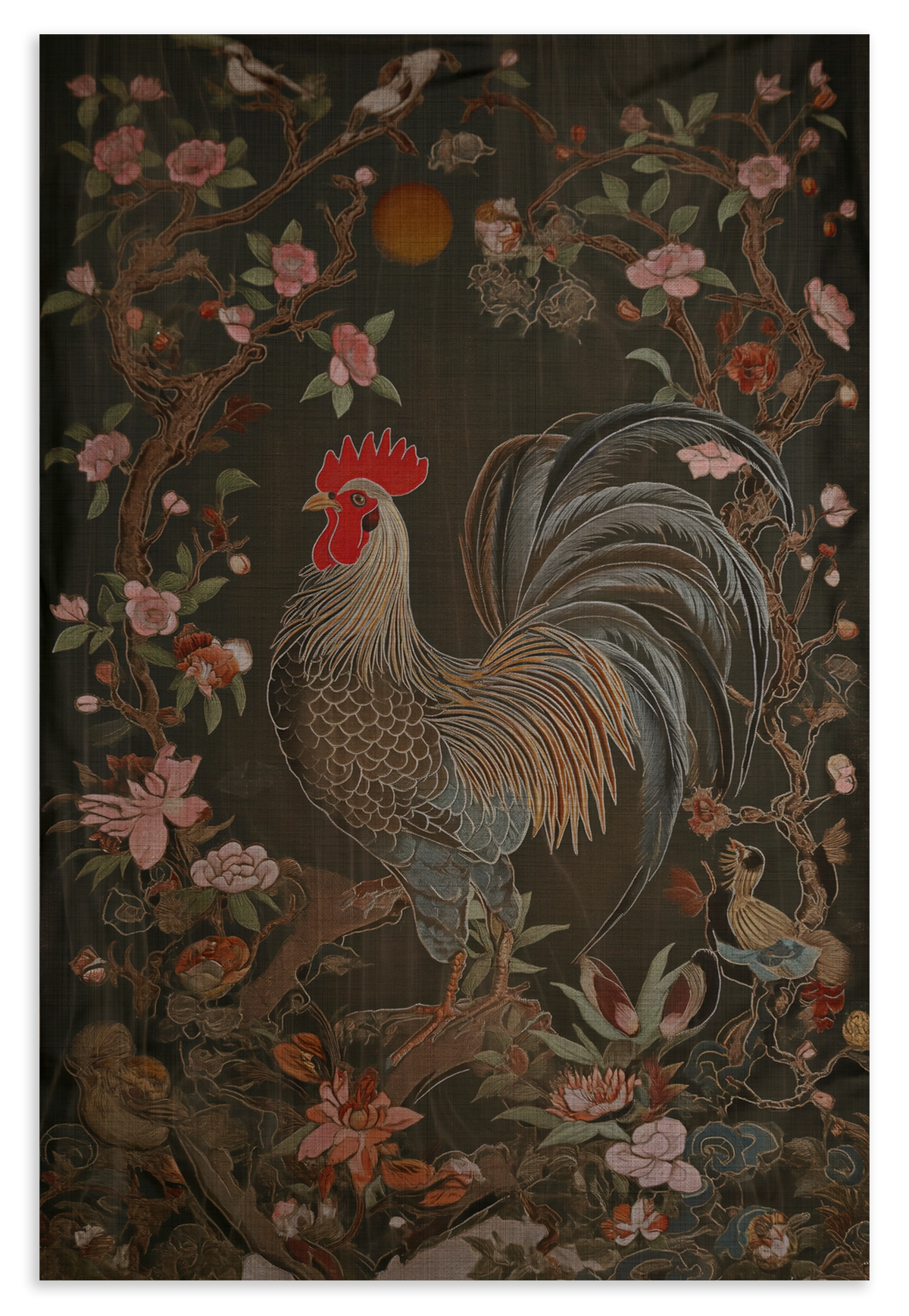 Houten wanddecoratie Rooster: haan tussen roze bloemen en groene bladeren.