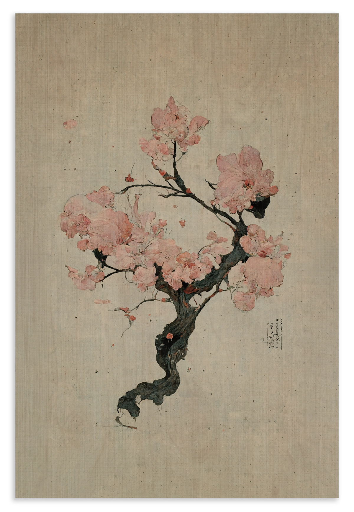 Houten wanddecoratie Japanse kersenbloesem: roze kersenbloesem aan een donkere tak op beige achtergrond.