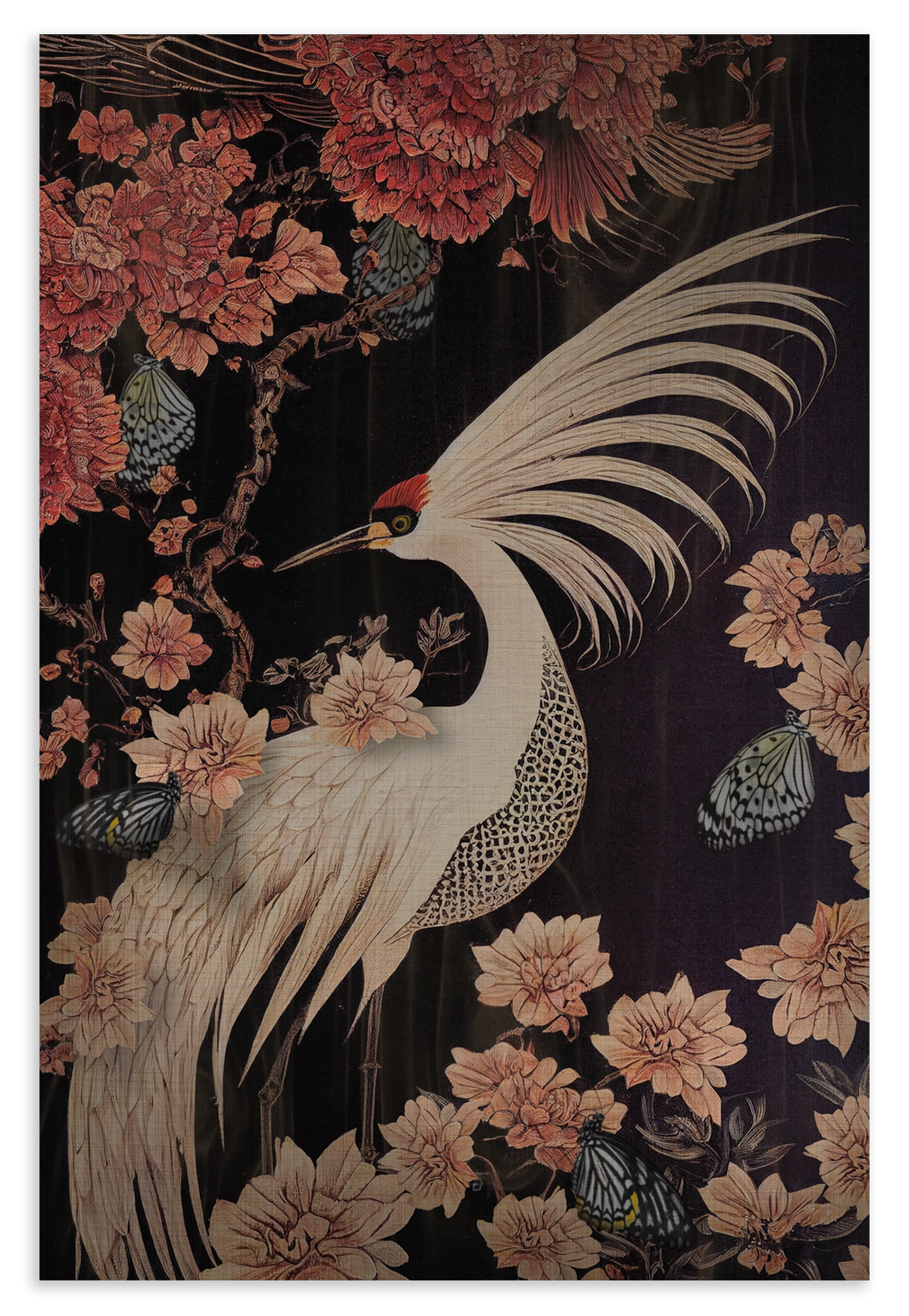 Houten wanddecoratie Japanse kraanvogel: witte kraanvogel met gespreide vleugel tussen roze bloemen.