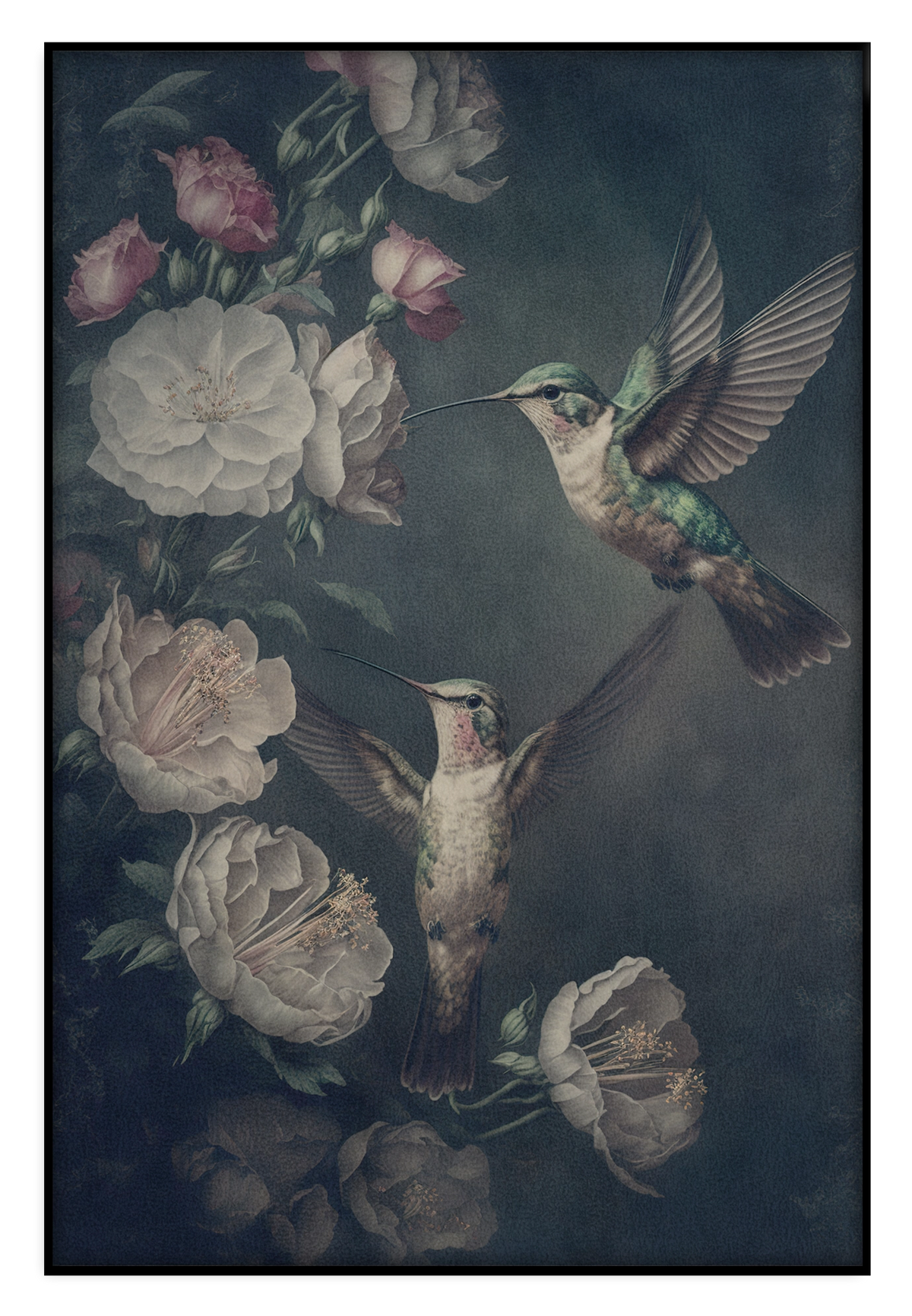 Akoestisch paneel Kolibries: twee vliegende kolibries tussen witte en roze rozen.