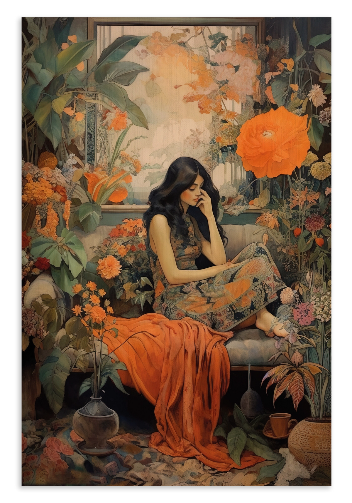 Canvas schilderij Vrouw 2: zittende vrouw in oranje kleding tussen bloemen en bladeren.